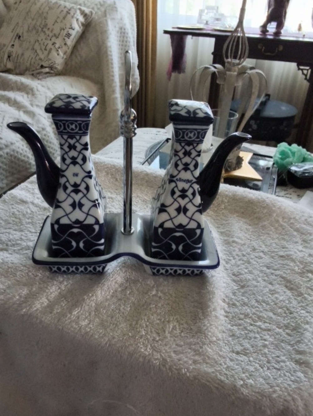 Blue and White Ceramic Oil and Vinegar Cruet Set with Stand